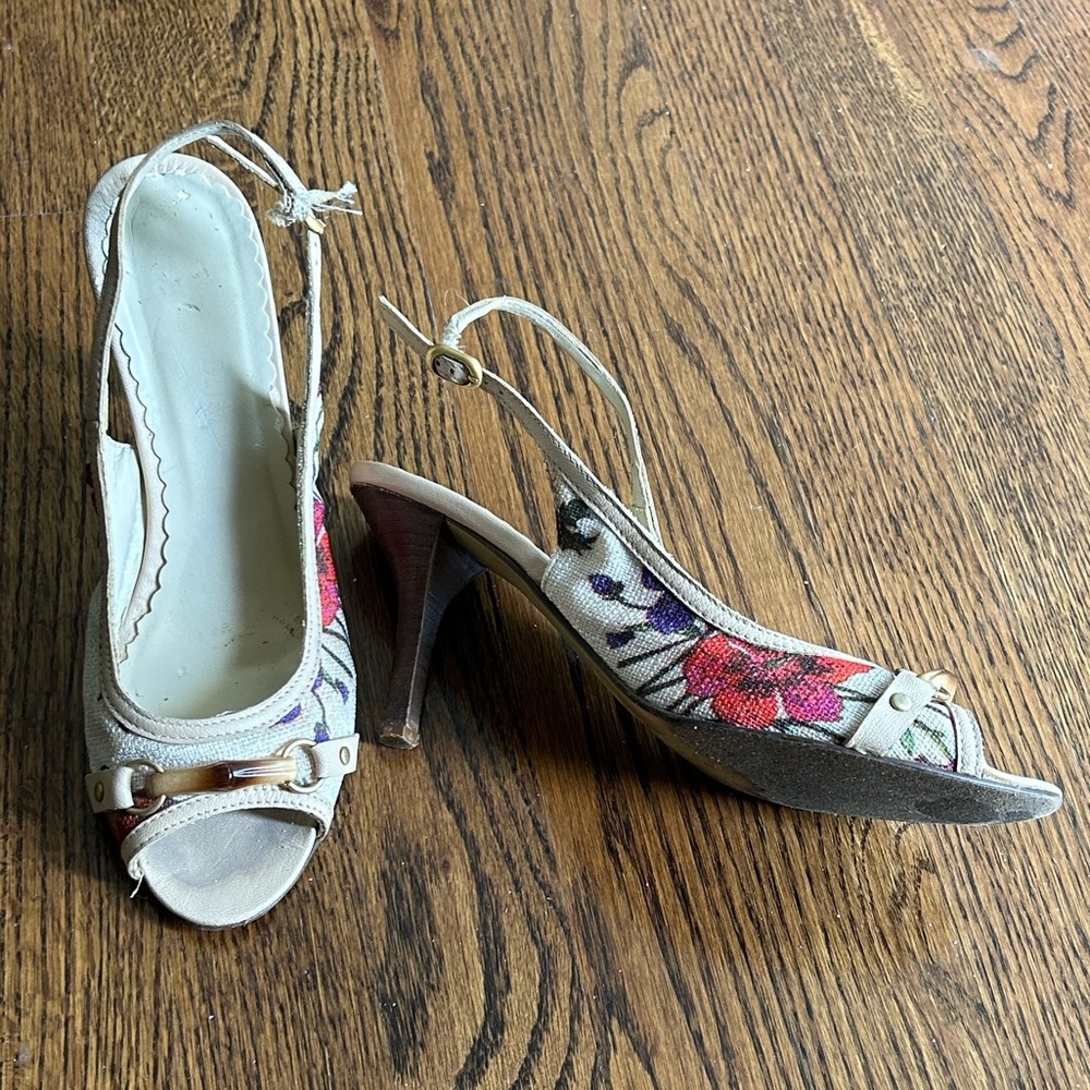 Massimo Baldi Floral Fabric and Leather Peep Toe Sandal Heels
